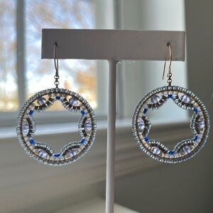 Miguel Ases Lavendar, Bronze, Blue and Gray 1.25" Beaded Round Earrings-Like New